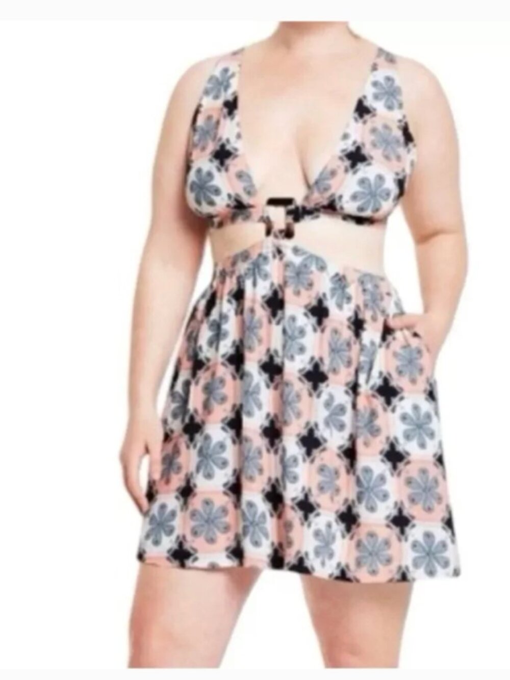 Agua Bendita X Target Peach and Navy Floral Cut Out Dress Medium